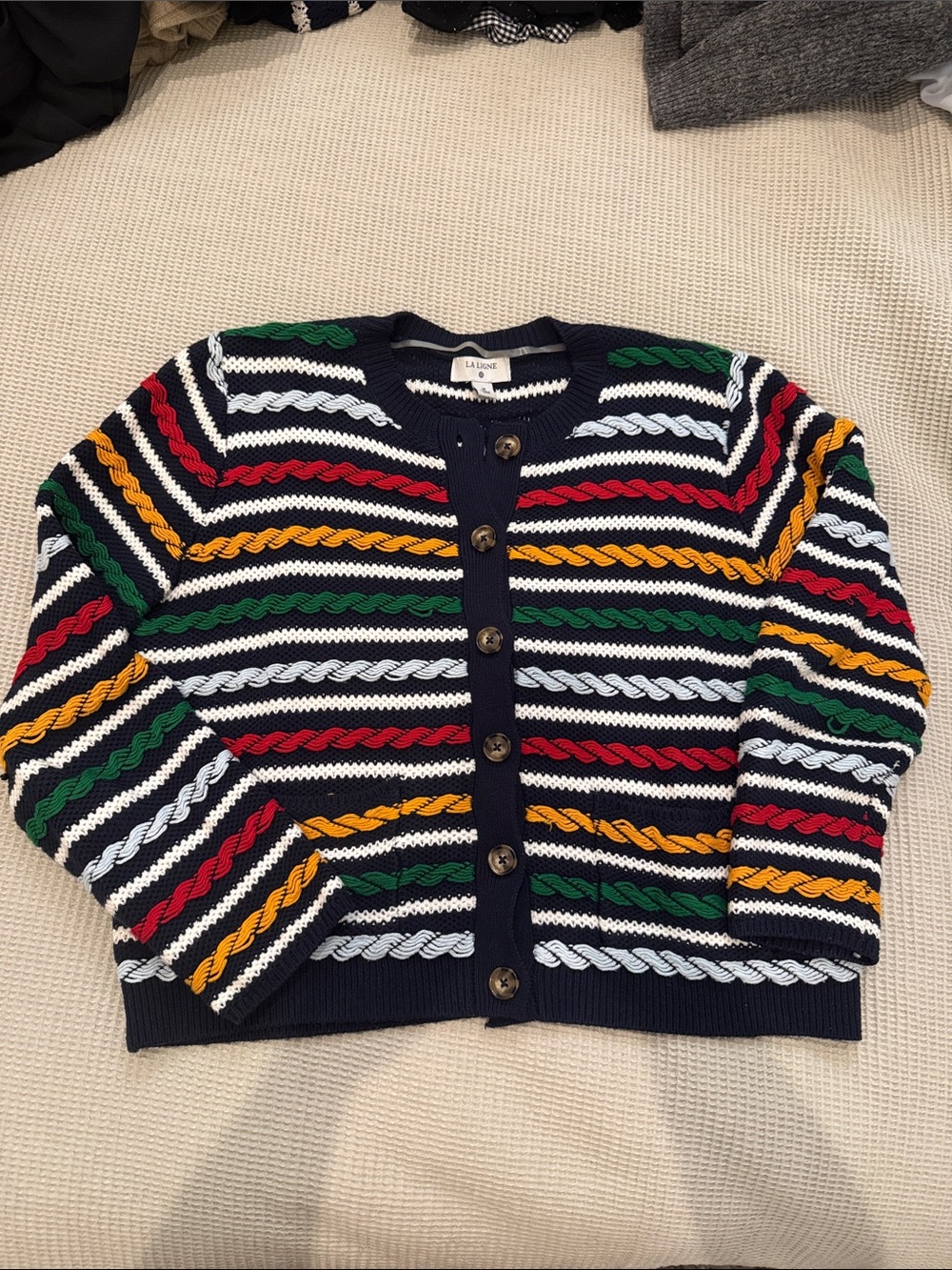 La Ligne x Target Navy Multicolor Striped Cable-Knit Cardigan